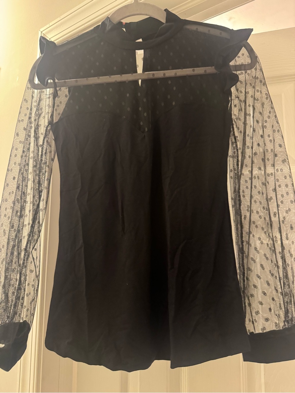 Sheer Dot Sleeve Black Women's Top sweetheart neckline NWT